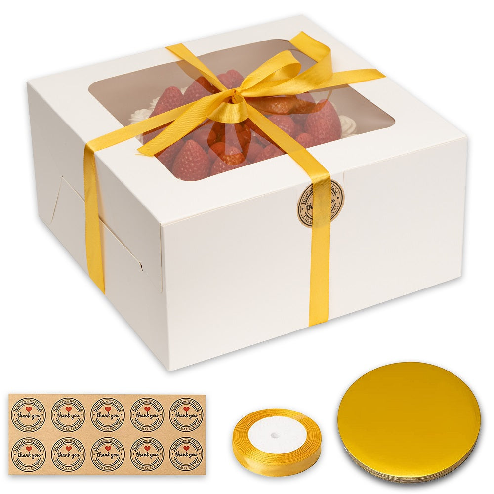 Set of 10 Grease Proof (10 Inch) 10x10x5 Cake Boxes with Window, Boards, Yellow Ribbon & Stickers